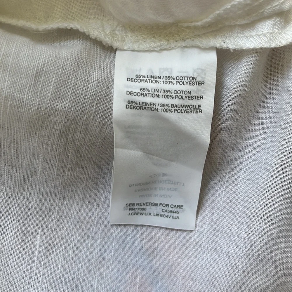 J. Crew Linen Cotton Folk Peasant Boho White & Blue Embroidered Blouse Top